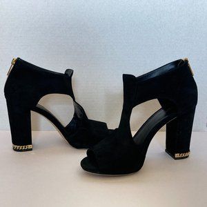 Michael Kors black suede peep toe sandal pumps with gold detail women's size  7